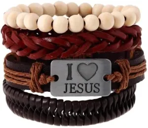 I Love Jesus Beaded Leather Multi Layer Bracelet Christian Jesus Women Mens Leather Bracelet