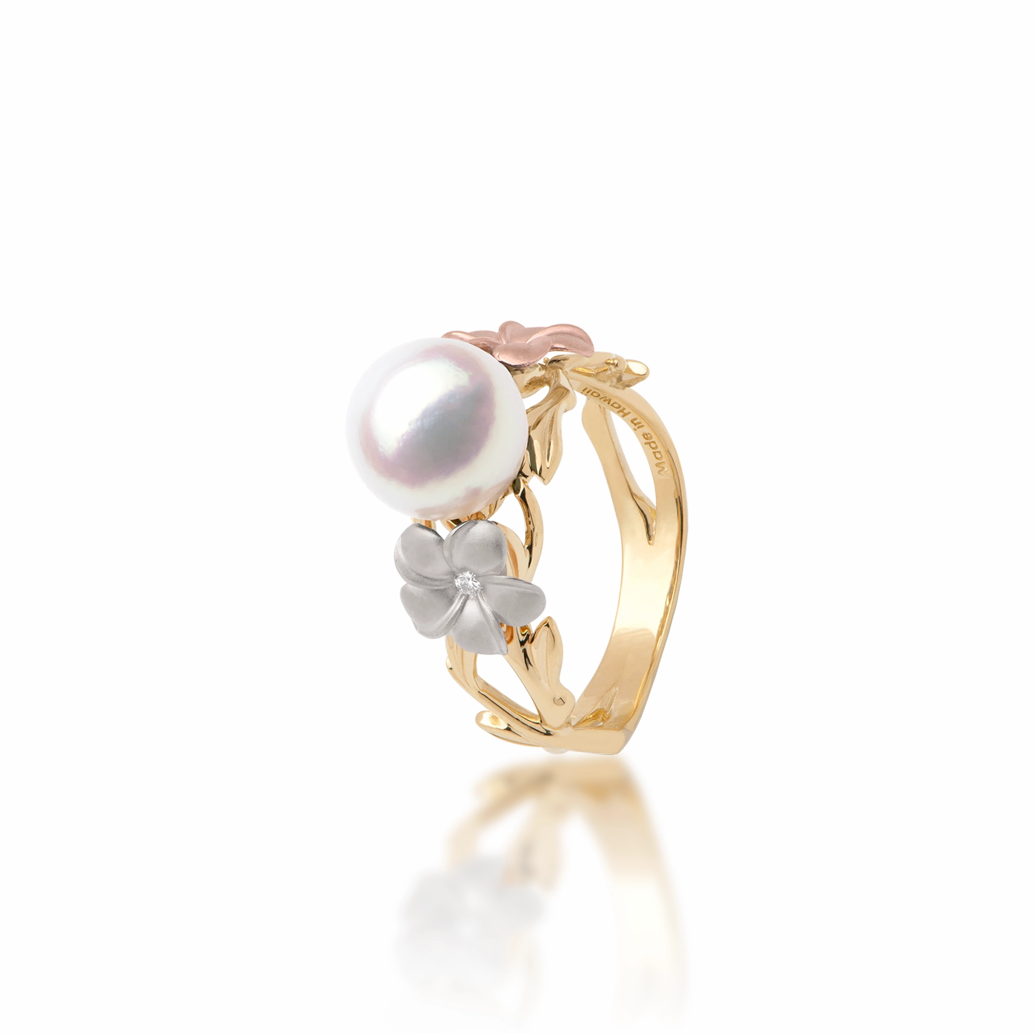 Impeccable Finish Pearls in Bloom Plumeria Akoya White Pearl Ring in Tri Color Gold with Diamonds - 8mm
