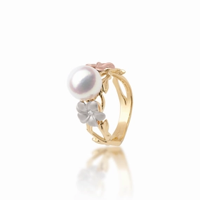 Fresh Mood Pearls in Bloom Plumeria Akoya White Pearl Ring in Tri Color Gold with Diamonds - 8mm