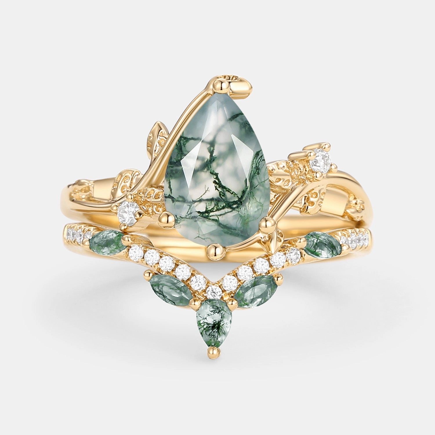 Radiant Jewelry Look Weekend Accent Pear Cut Moss Agate Vine Engagement Ring Set 2pcs - Twigs