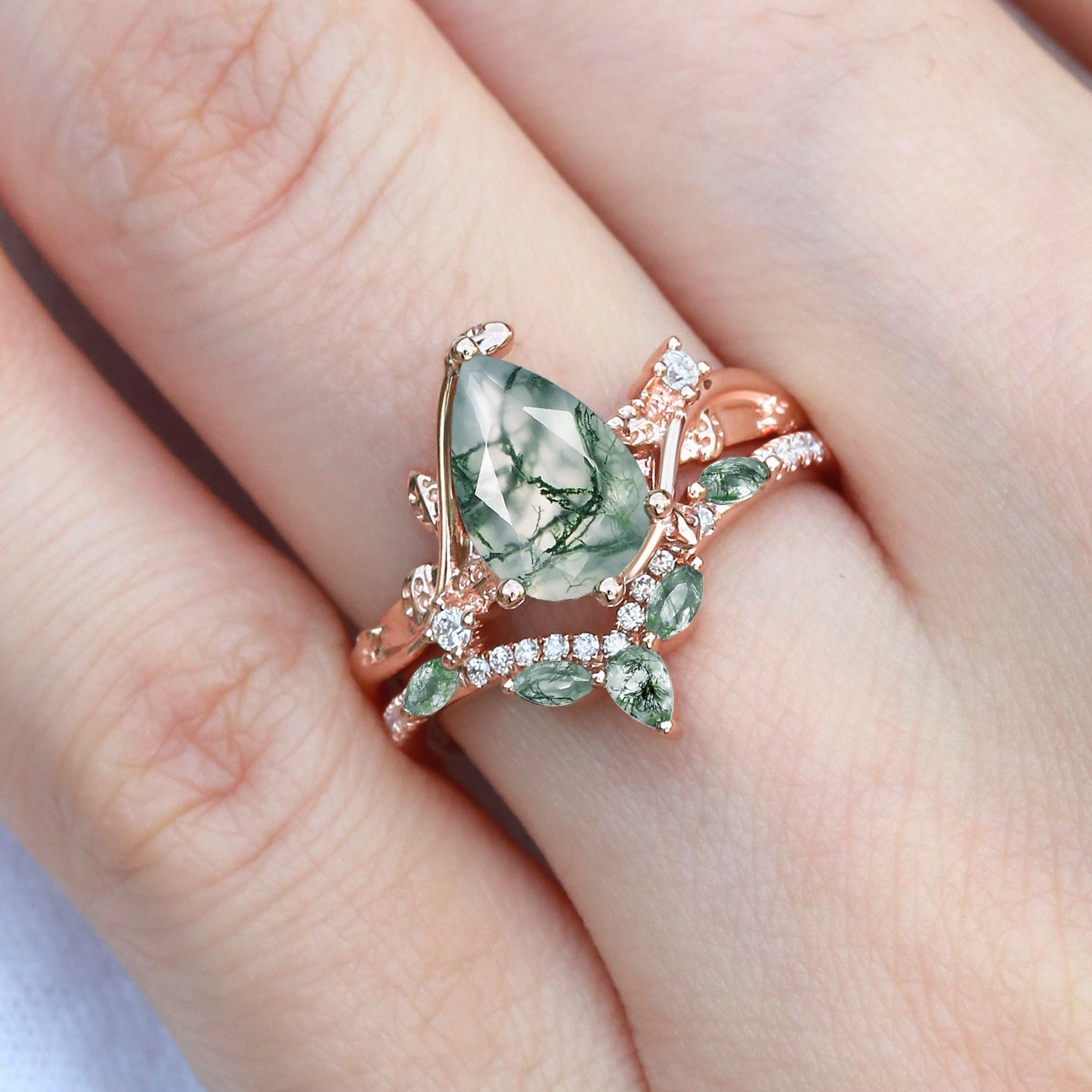 Glamorous Edge Pear Cut Moss Agate Vine Engagement Ring Set 2pcs - Twigs