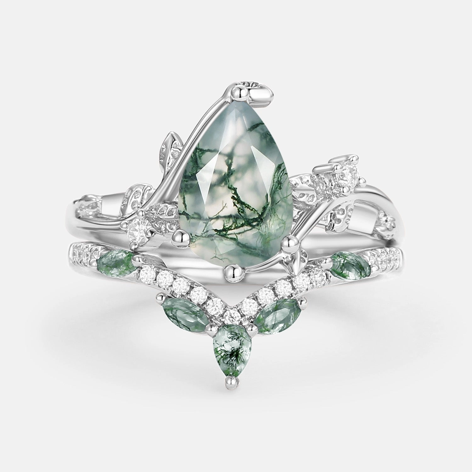 Pear Cut Moss Agate Vine Engagement Ring Set 2pcs - Twigs Artful Feature gentle touch