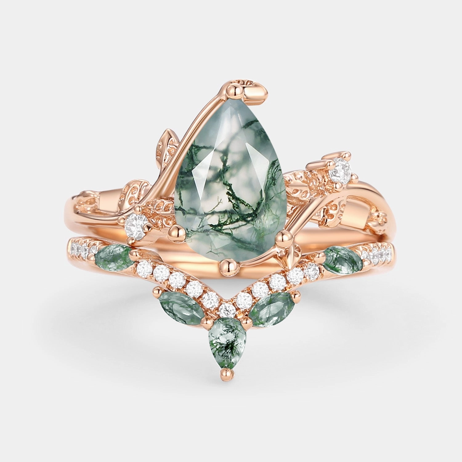 Sparkling Style Minimalist Piece Pear Cut Moss Agate Vine Engagement Ring Set 2pcs - Twigs