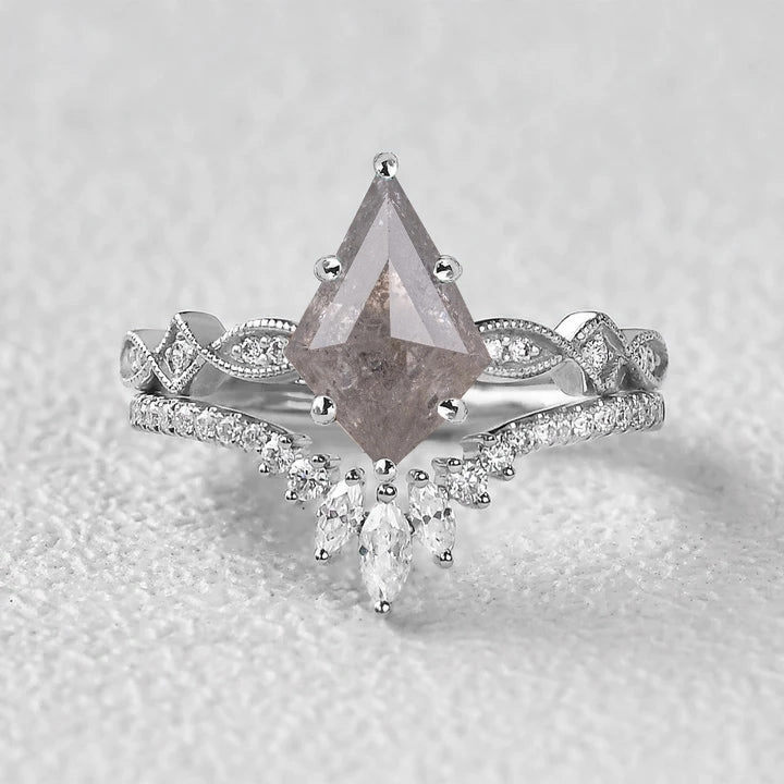 Icy Light Grey Salt and Pepper Diamonds Kite Cut Vintage Ring Set 2pcs Light Pop