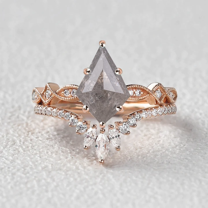 Icy Light Grey Salt and Pepper Diamonds Kite Cut Vintage Ring Set 2pcs Handcrafted Feature