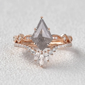 Stylish Pop Chic Spark Icy Light Grey Salt and Pepper Diamonds Kite Cut Vintage Ring Set 2pcs