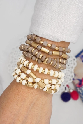 Cream and Gold tone Bracelet stack Wood beads Multi shape Platinum Grade