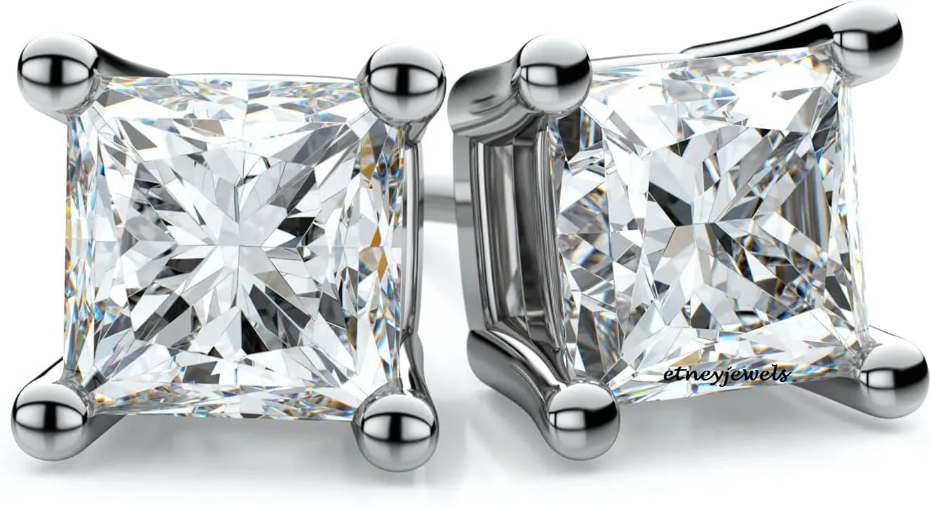 IGI Certified 1-2 CT Princess Cut Lab Grown Diamond Stud Earrings 14KT Solid White Gold For Women 4 Prong Setting Screw Back (Color J-I/Clarity VS2-SI1)