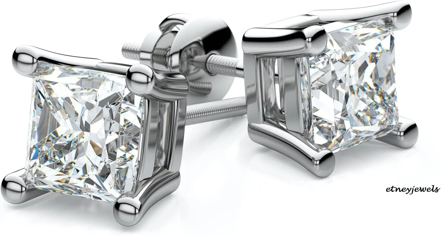 IGI Certified 1-2 CT Princess Cut Lab Grown Diamond Stud Earrings 14KT Solid White Gold For Women 4 Prong Setting Screw Back (Color J-I/Clarity VS2-SI1)