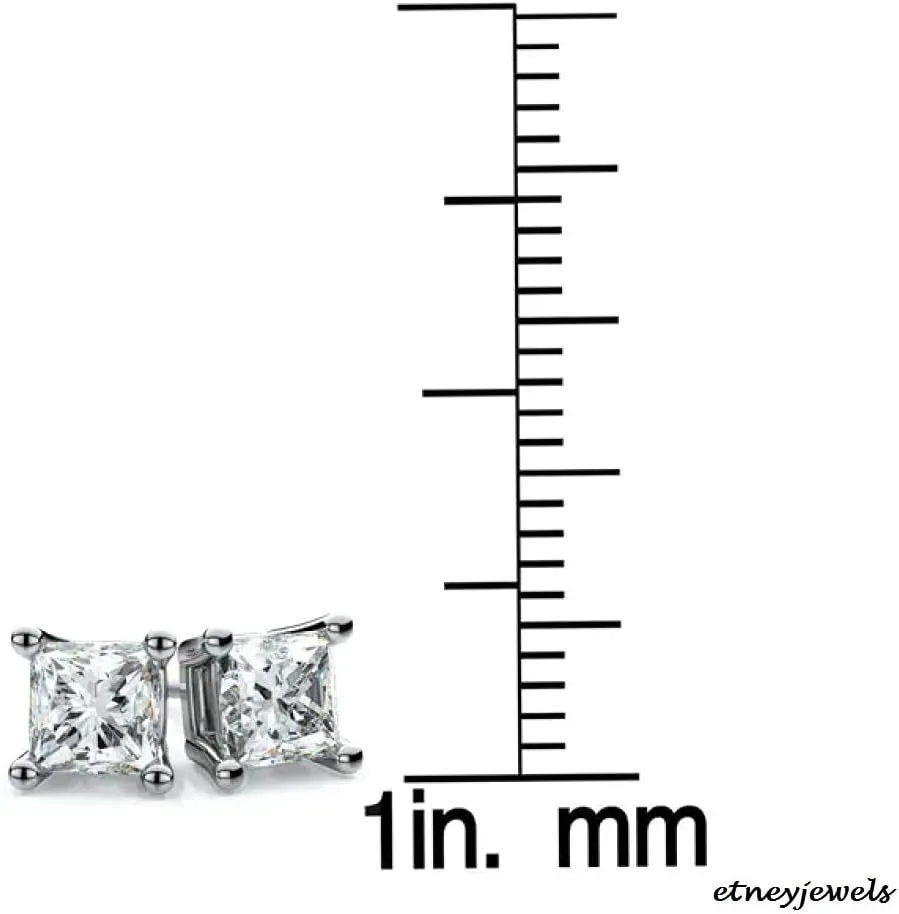 IGI Certified 1-2 CT Princess Cut Lab Grown Diamond Stud Earrings 14KT Solid White Gold For Women 4 Prong Setting Screw Back (Color J-I/Clarity VS2-SI1)
