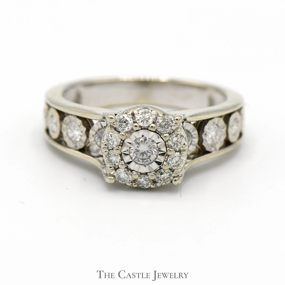 Illusion Set Diamond Cluster Ring with Diamond Accents in 10k White Gold Custom Item Symmetrical design