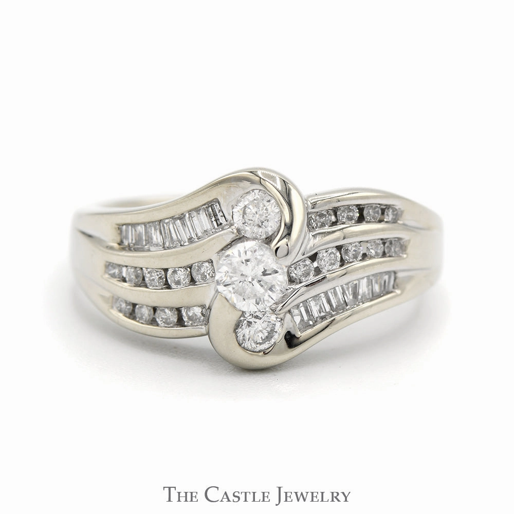 Beta Version Hand Finished 3/4cttw Vertical Three Stone Diamond Ring with Diamond Accented Sides in 14k White Gold