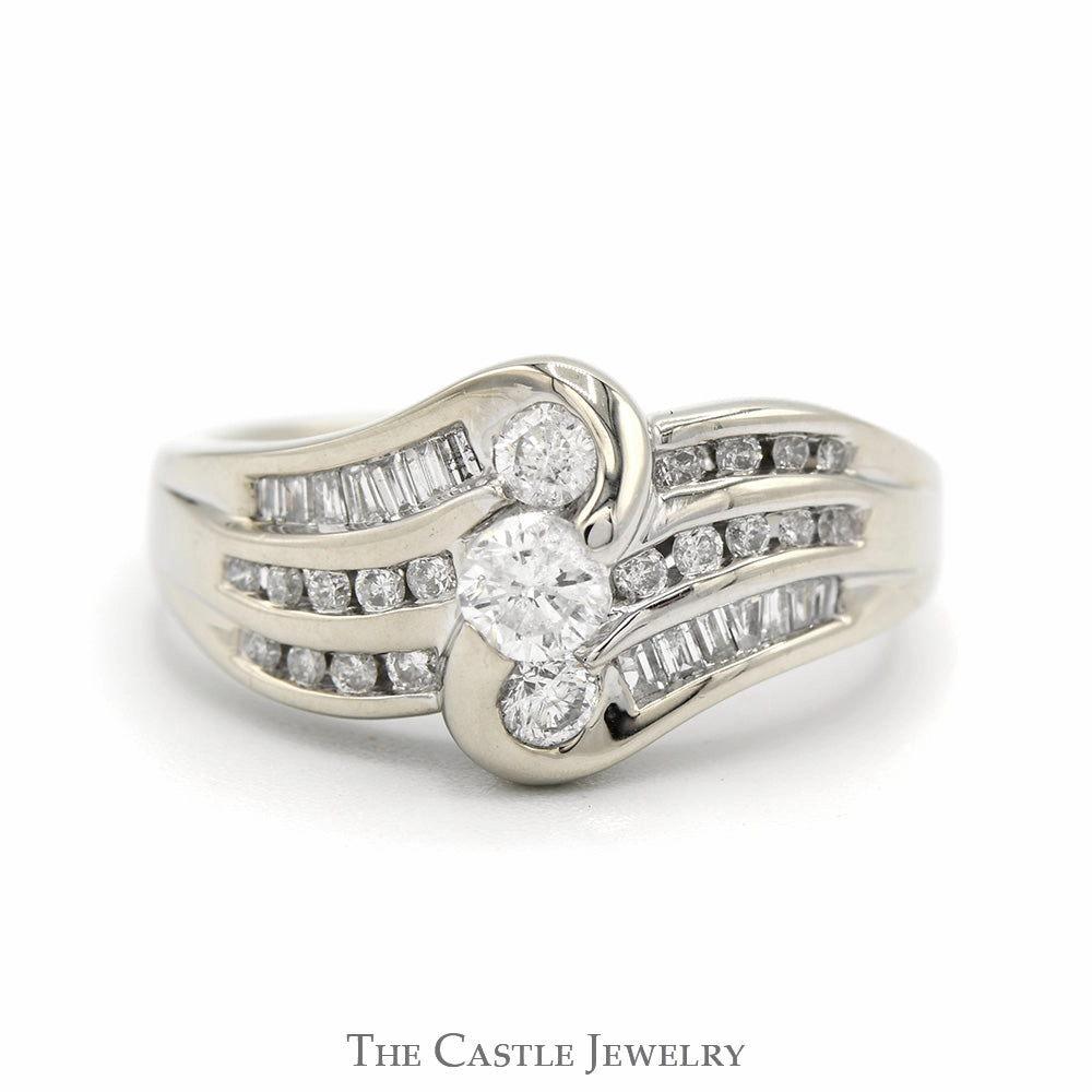 Dramatic Gift 3/4cttw Vertical Three Stone Diamond Ring with Diamond Accented Sides in 14k White Gold