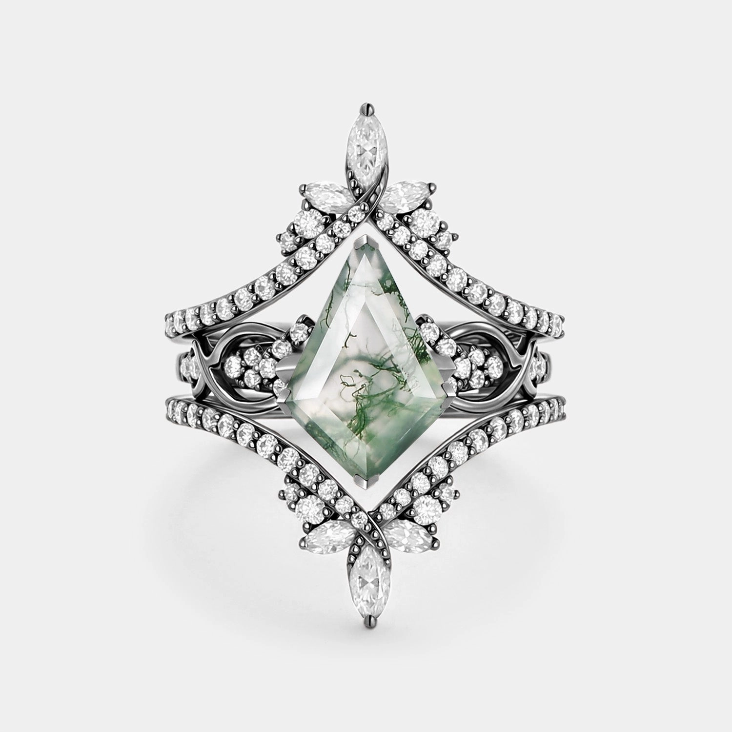 Infinity Kite Cut Moss Agate Cluster Cage Ring Set - Kest Luxe Craft Classic Piece