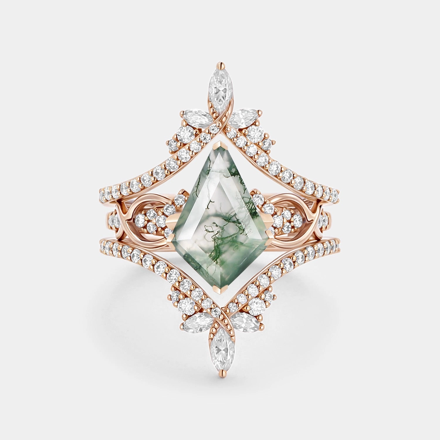 Unique Accent Infinity Kite Cut Moss Agate Cluster Cage Ring Set - Kest