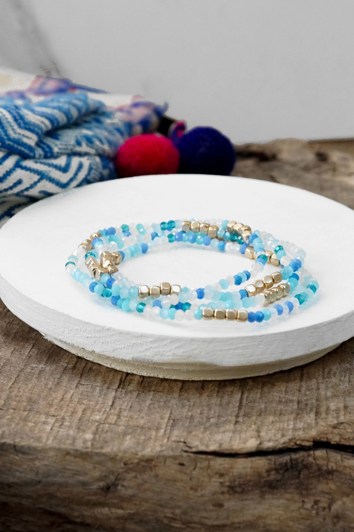 Arm Candy Gold tone 4 layering bracelets stack multi color glass beads