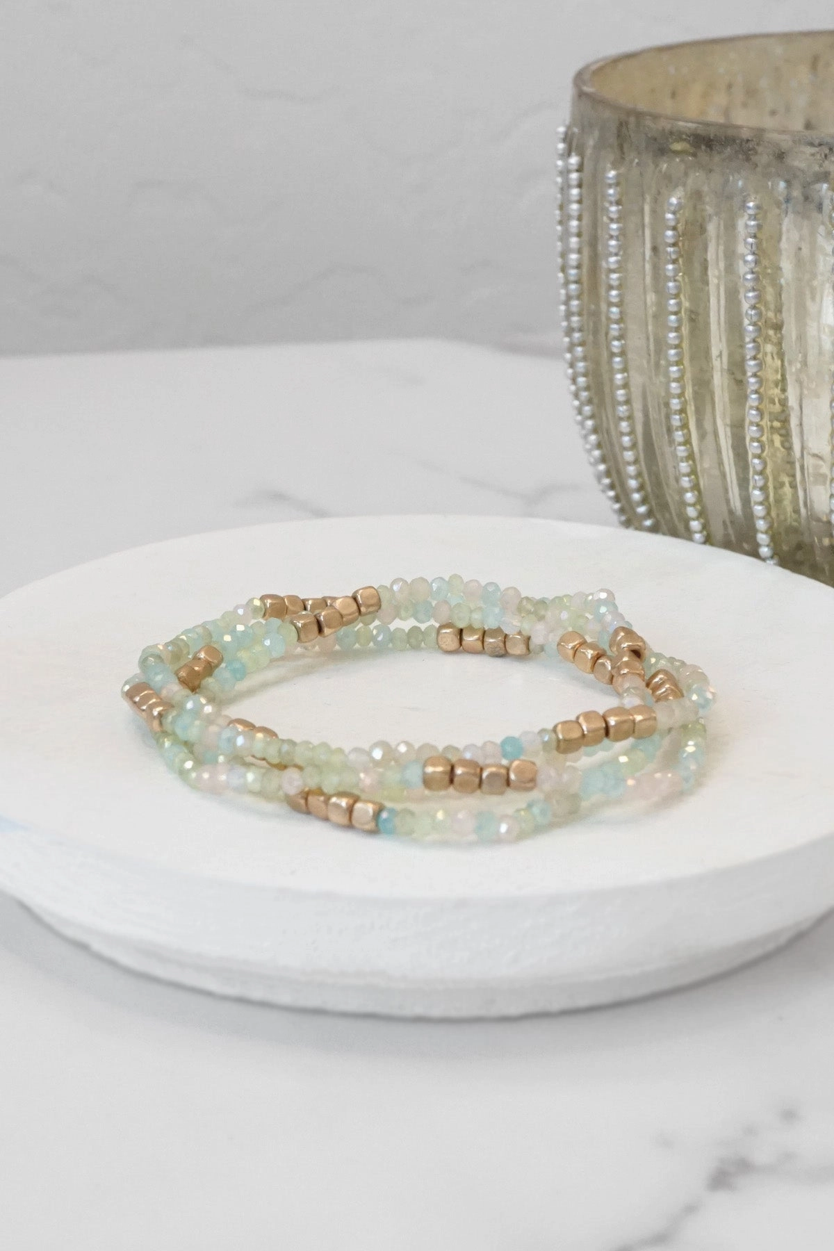 Gold tone 4 layering bracelets stack multi color glass beads Teen Approved