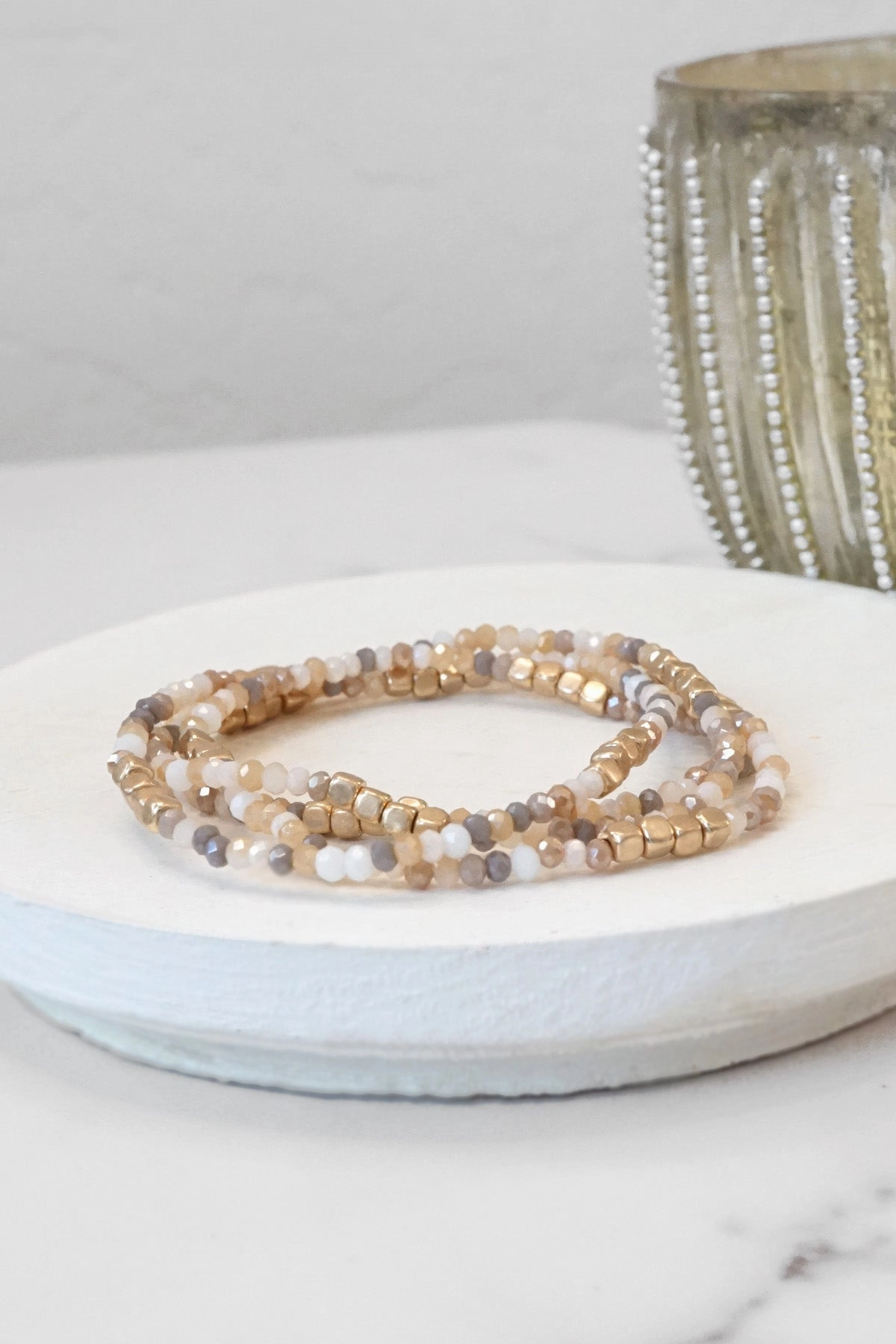 Gold tone 4 layering bracelets stack multi color glass beads Adventure Scope Cosmic Mixes