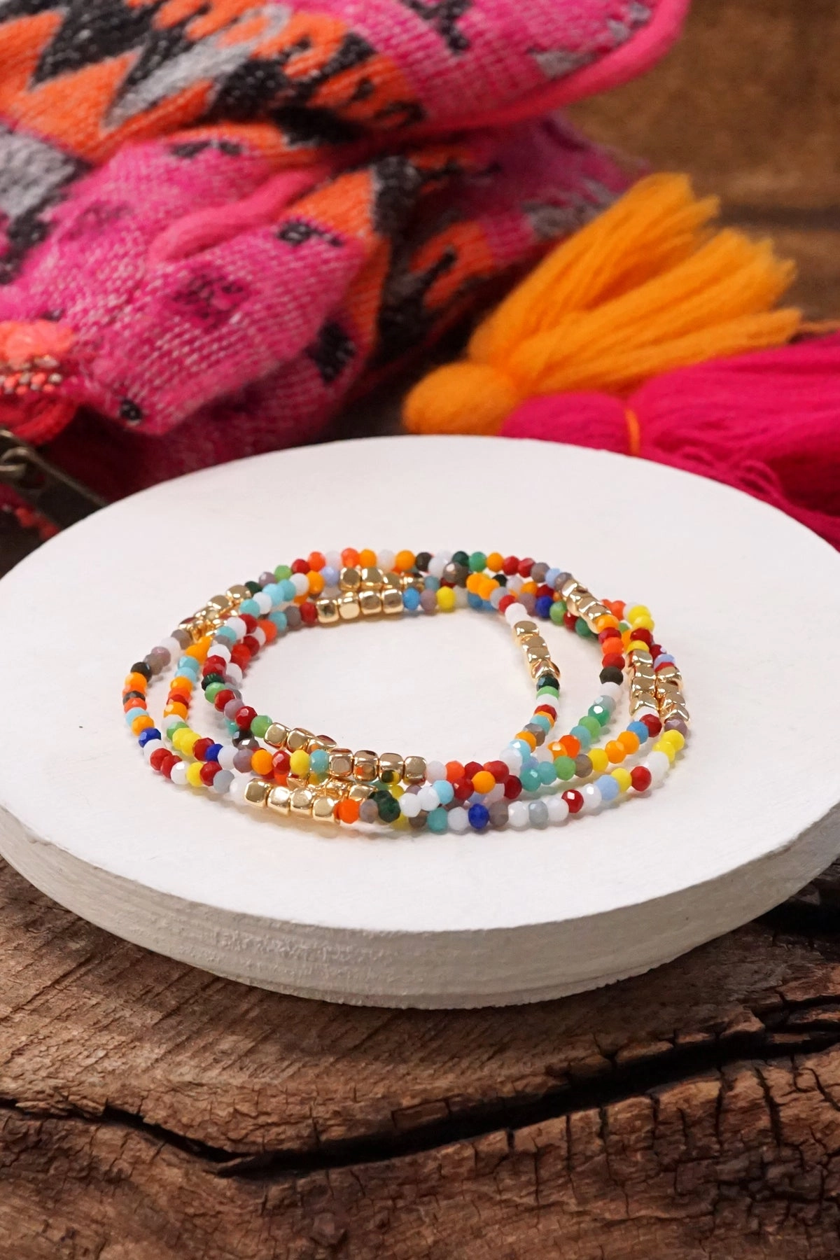 Gold tone 4 layering bracelets stack multi color glass beads Community Inspired