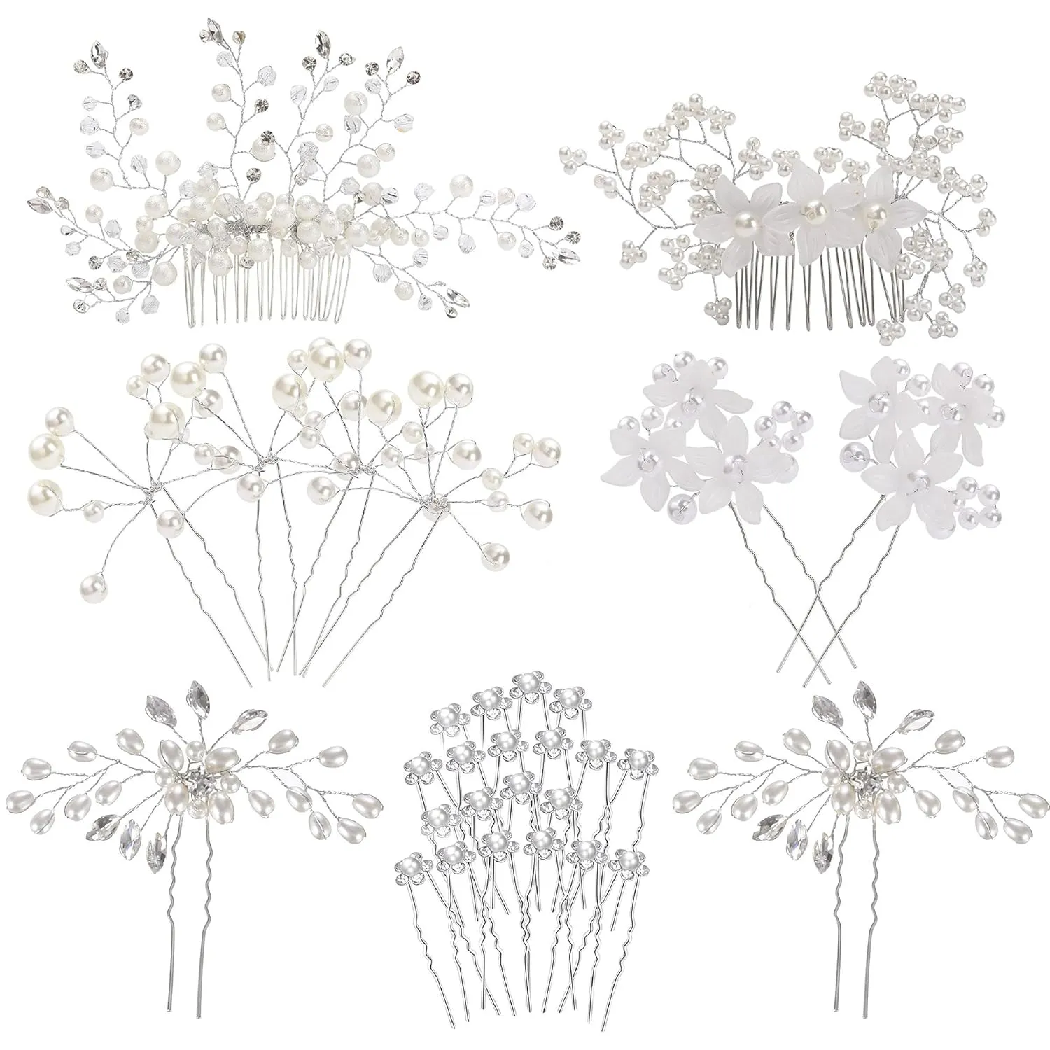inSowni 30 Pack Silver Wedding Bridal Hair Side Combs U Shaped Hair Pins Clips Barrettes Prom Hair Pieces Rhinestone Pearl Baby Breath White Flower Decorative Accessories for Women Girls Bridesmaids