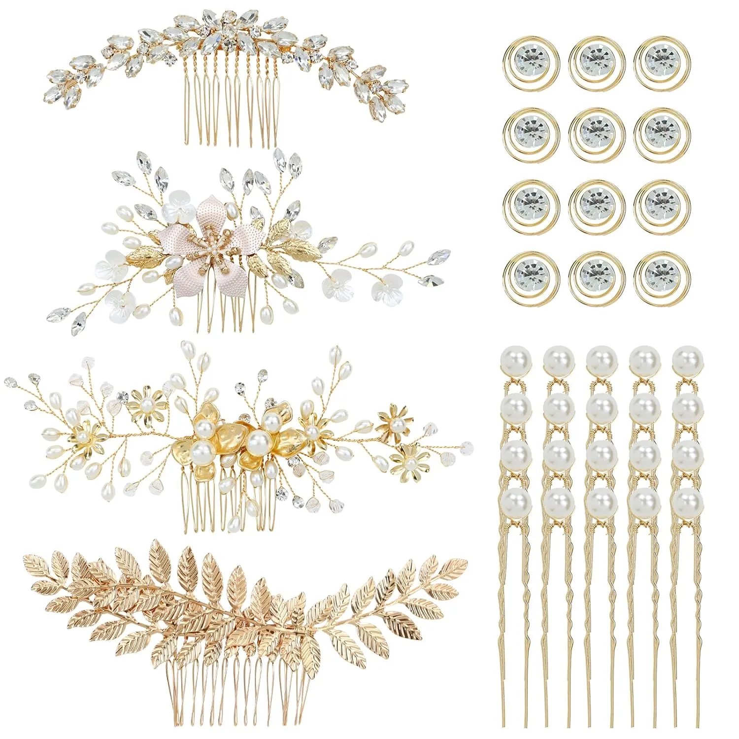 inSowni 36 Pack Gold Flower Leaf Bridal Wedding Hair Side Combs U-shaped Pearl Hair Pins Spiral Rhinestone Hair Clips Barrettes Prom Headpieces Hair Accessories for Brides Bridesmaids Women Girls