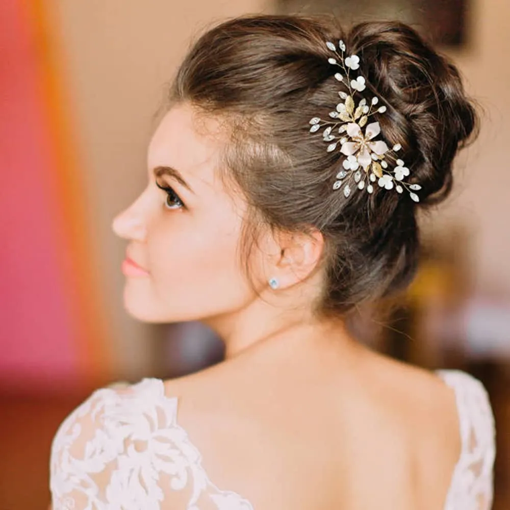inSowni 36 Pack Gold Flower Leaf Bridal Wedding Hair Side Combs U-shaped Pearl Hair Pins Spiral Rhinestone Hair Clips Barrettes Prom Headpieces Hair Accessories for Brides Bridesmaids Women Girls