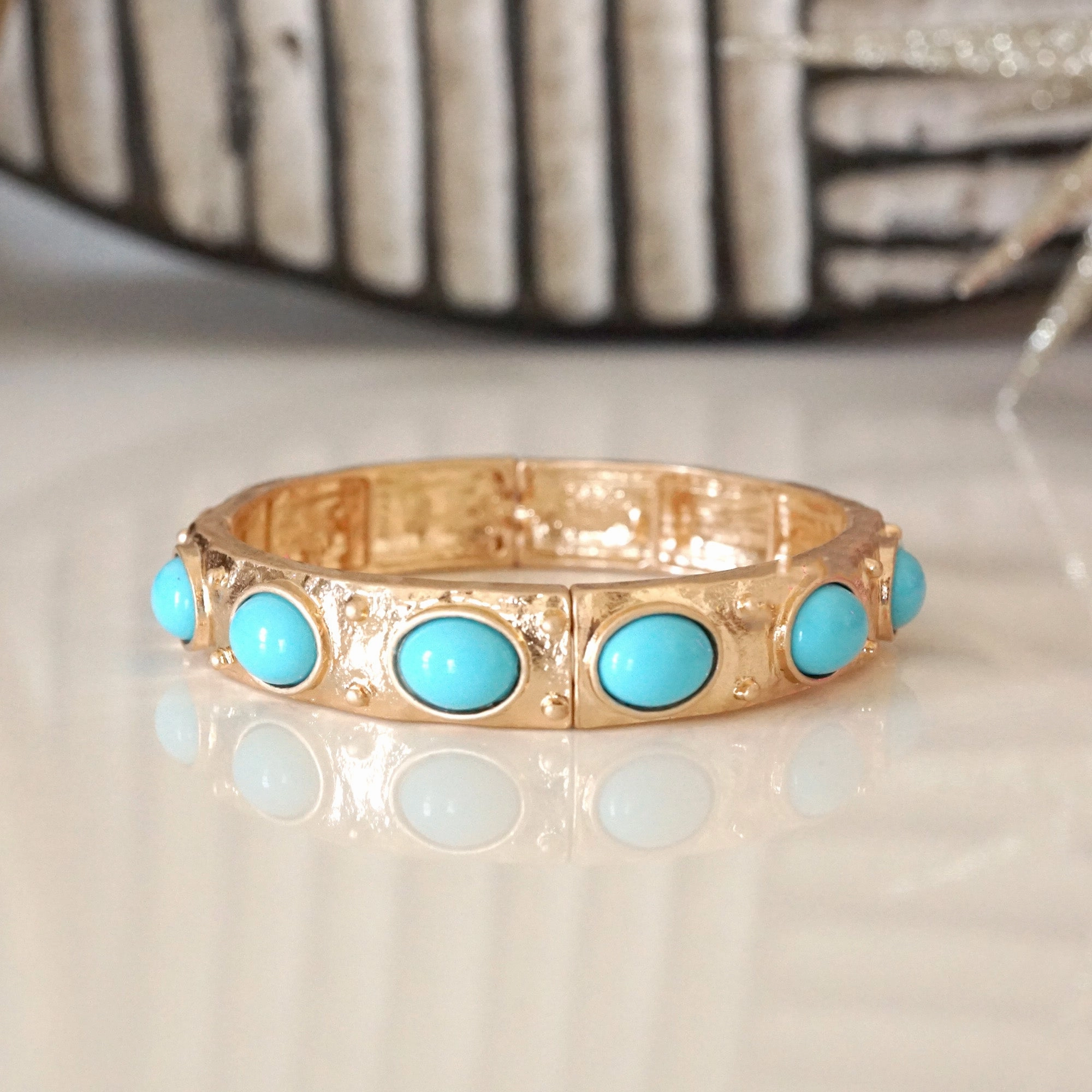 Classic Golden Stretchy Bangles ?C Pearl or Turquoise Accents Teen Approved