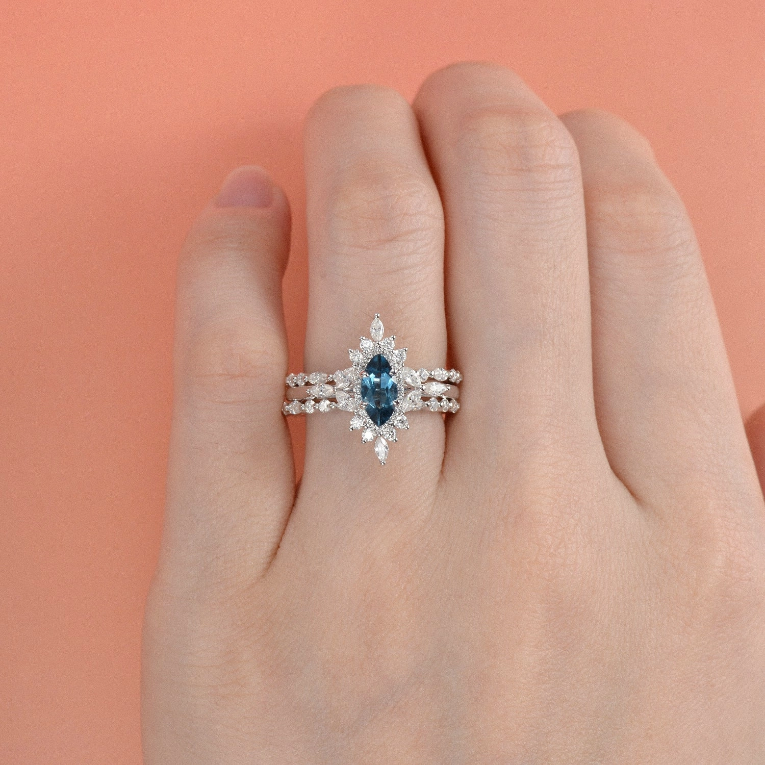 1.0ct Marquise Cut Moss Agate Cluster Vintage Ring Set 3pcs Muted Mood Daily Style