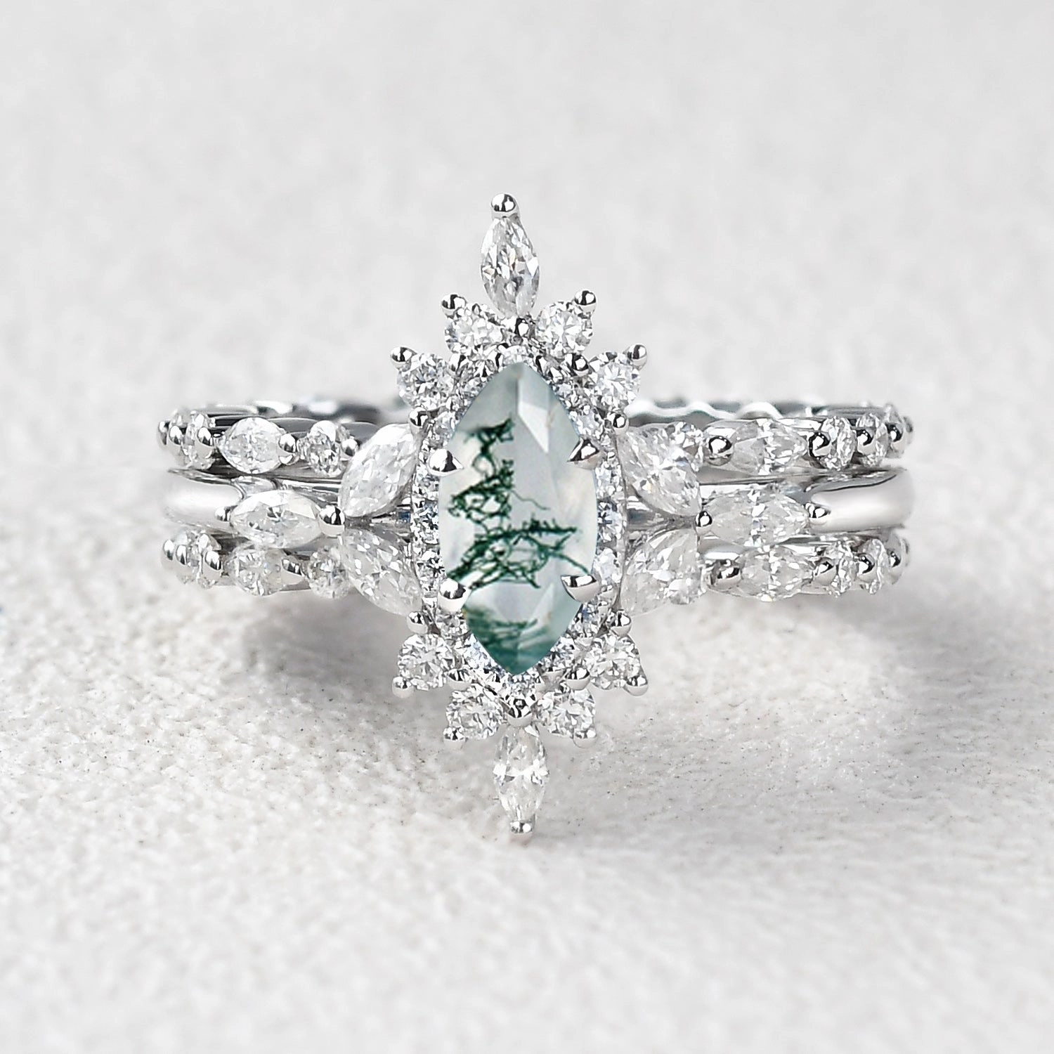 1.0ct Marquise Cut Moss Agate Cluster Vintage Ring Set 3pcs Autumn Style Charming Gems