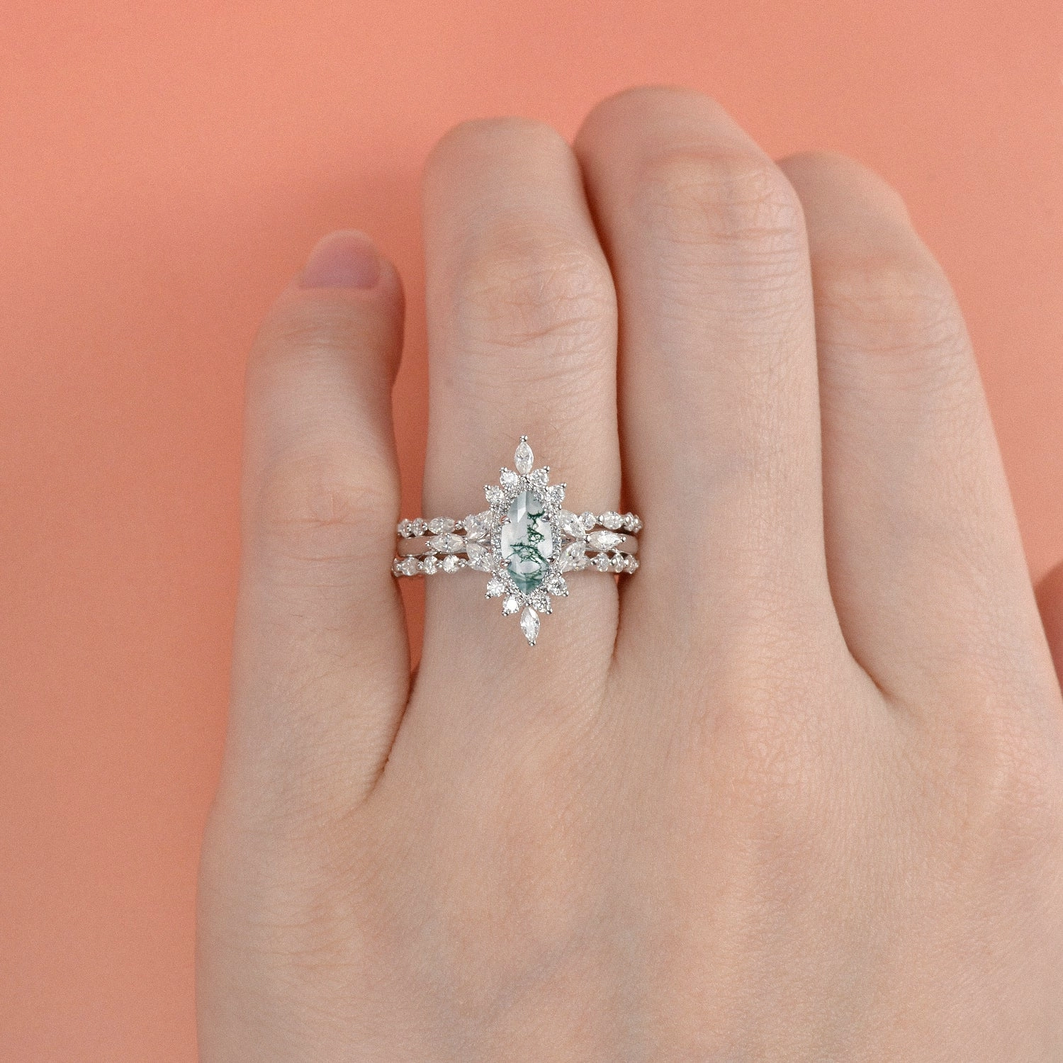 1.0ct Marquise Cut Moss Agate Cluster Vintage Ring Set 3pcs Formal Fit