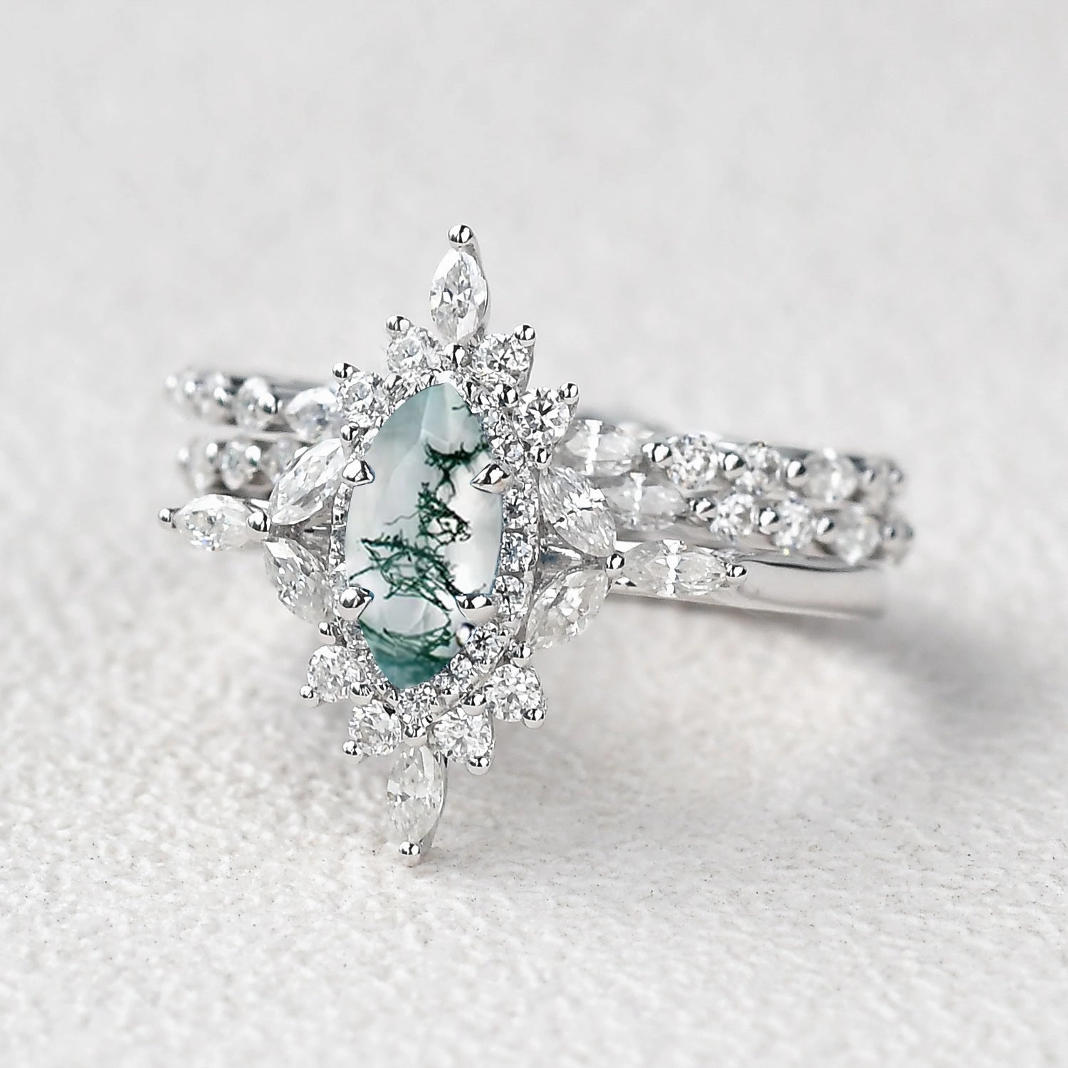 1.0ct Marquise Cut Moss Agate Cluster Vintage Ring Set 3pcs Smooth Glow