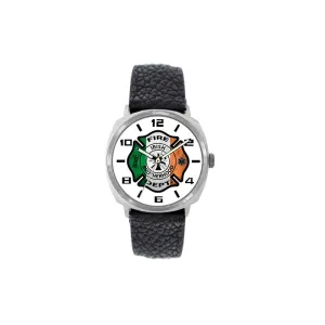 Irish Flag Large Face Fire Fighter Leather Band Watch