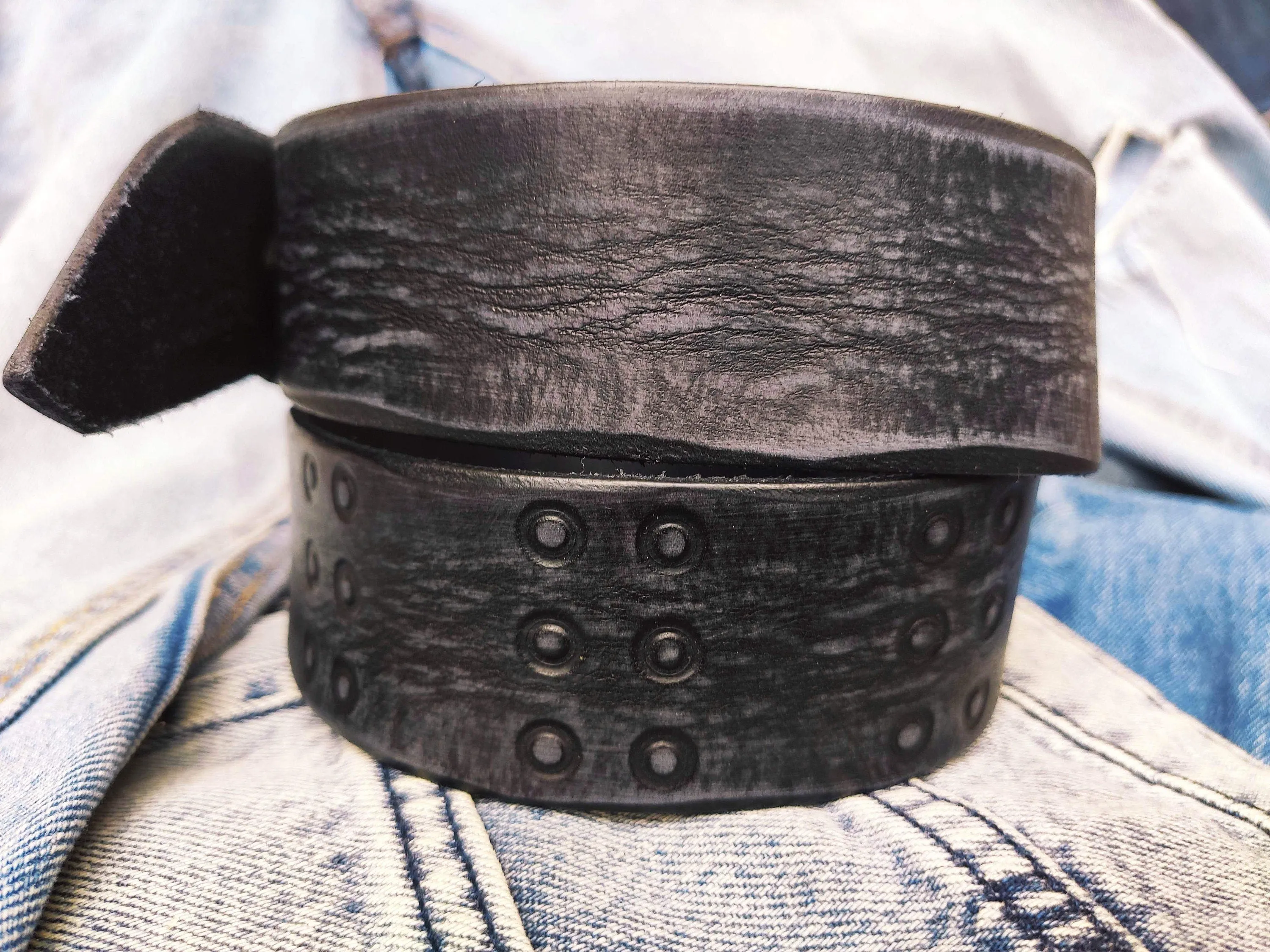 Ishaor Handmade Black leather belt  embossed with RCA  stunning and original belt with vintage finish from Genuine full grain leather