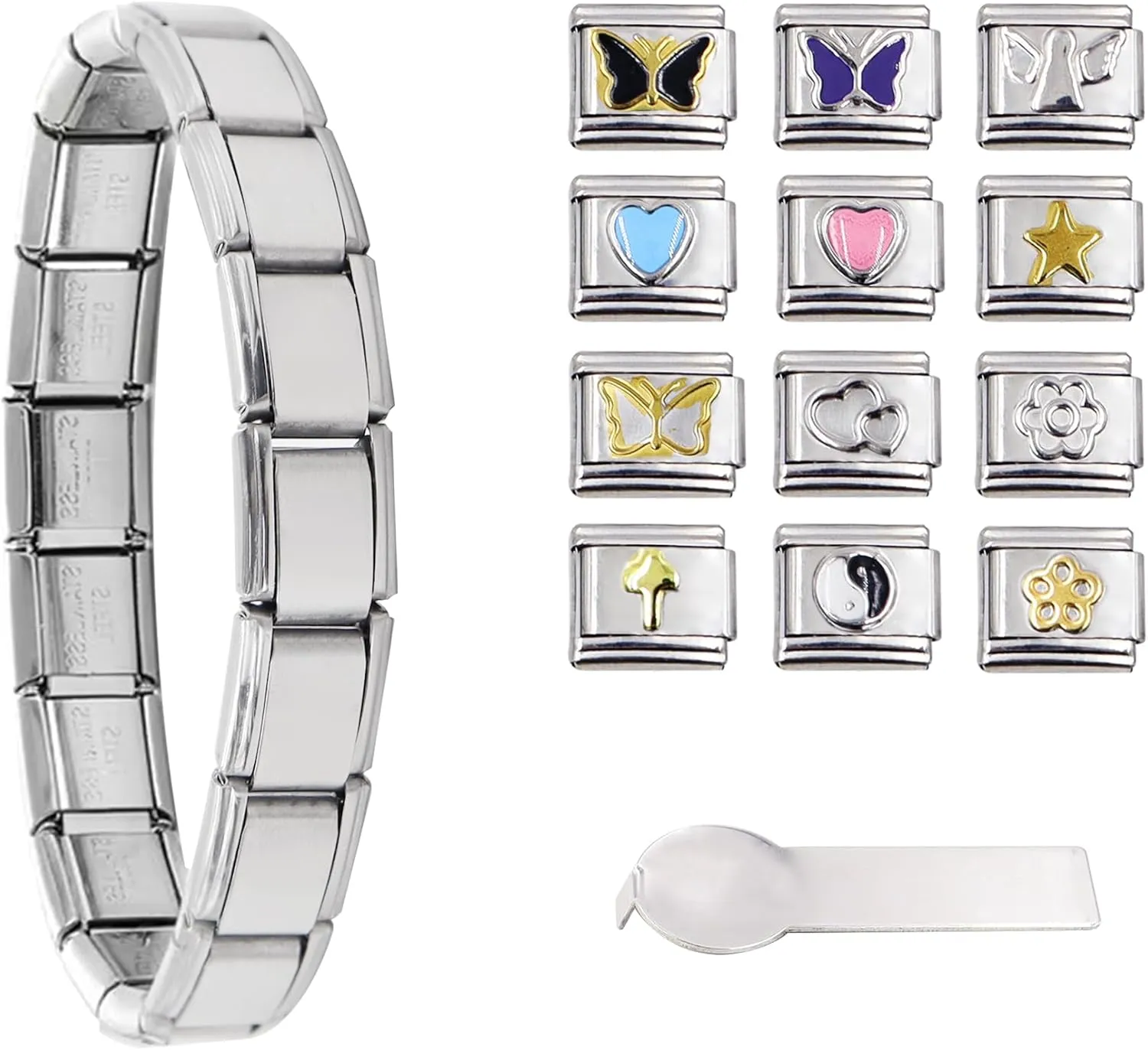Italian Charm Bracelets for Women, Italian Bracelet of 9mm Stainless Steel Links, Italian Charm Bracelet Charms Pack with Started Bracelet, Assorted Charms and Opening Tools
