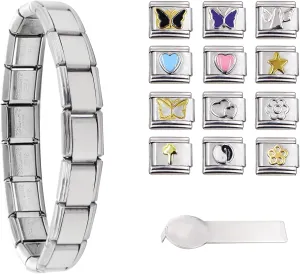 Italian Charm Bracelets for Women, Italian Bracelet of 9mm Stainless Steel Links, Italian Charm Bracelet Charms Pack with Started Bracelet, Assorted Charms and Opening Tools