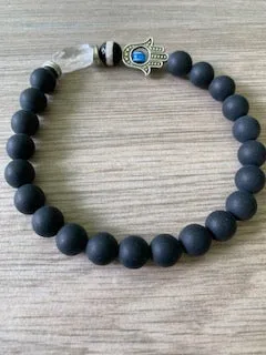 Jean Claude - Women's Hamsa Hand Matte Agate, Dzi Bead & Crystal Bead Stretch Bracelet