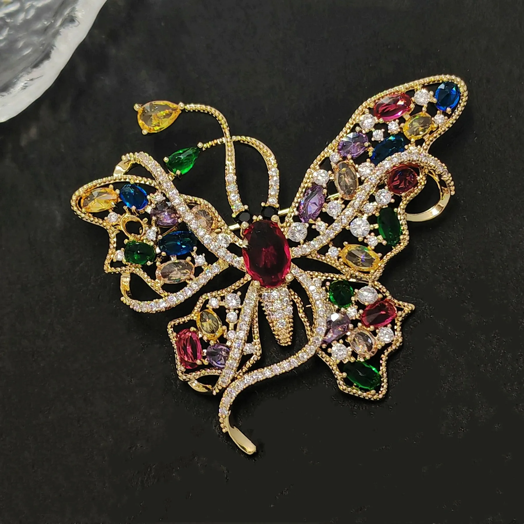 Jewelblings Gorgeous Gold Tone Multi Colored Stones Accent Curled Long-tailed Butterfly Brooch Pin Swallowtail Mother Grandmom GiftJewelry