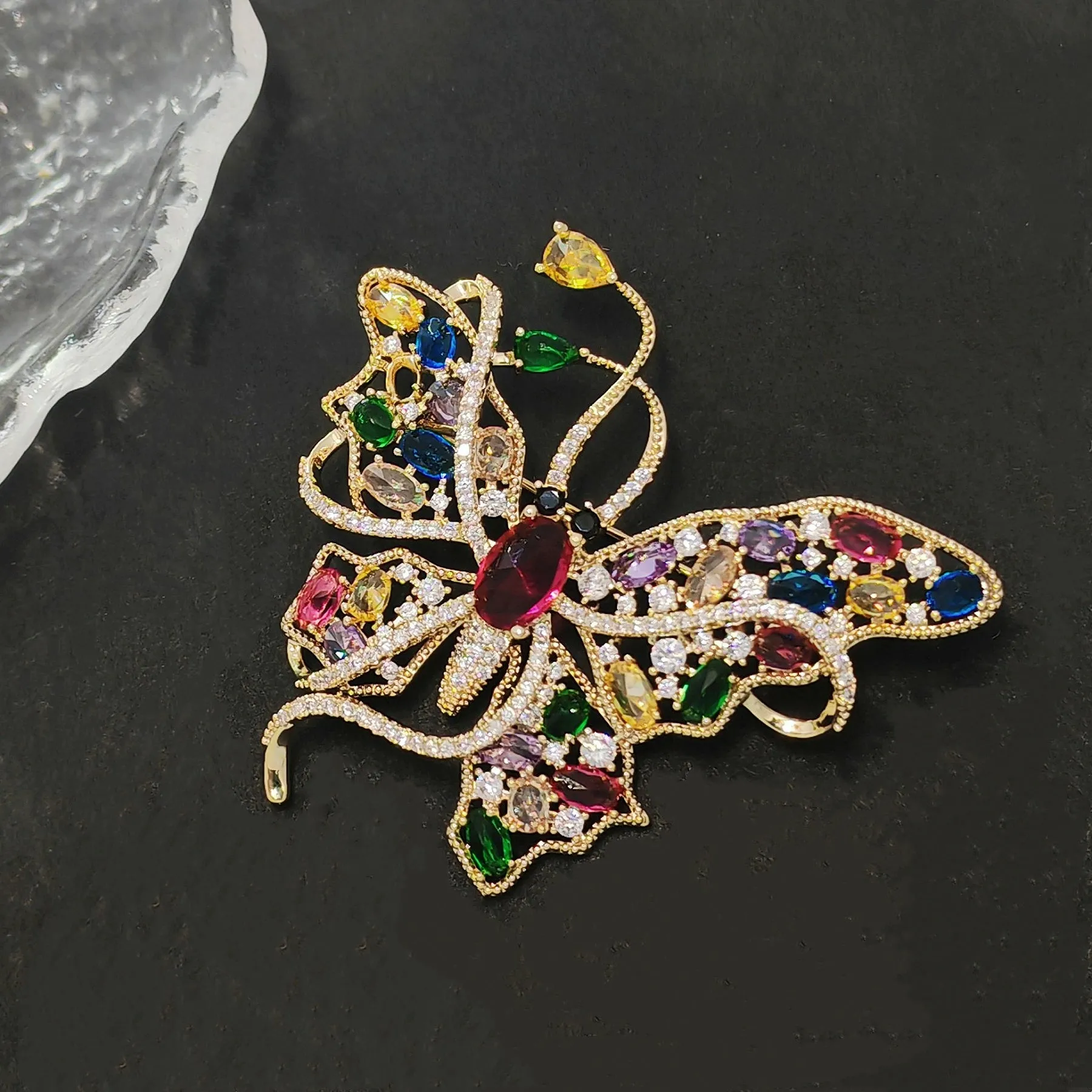 Jewelblings Gorgeous Gold Tone Multi Colored Stones Accent Curled Long-tailed Butterfly Brooch Pin Swallowtail Mother Grandmom GiftJewelry