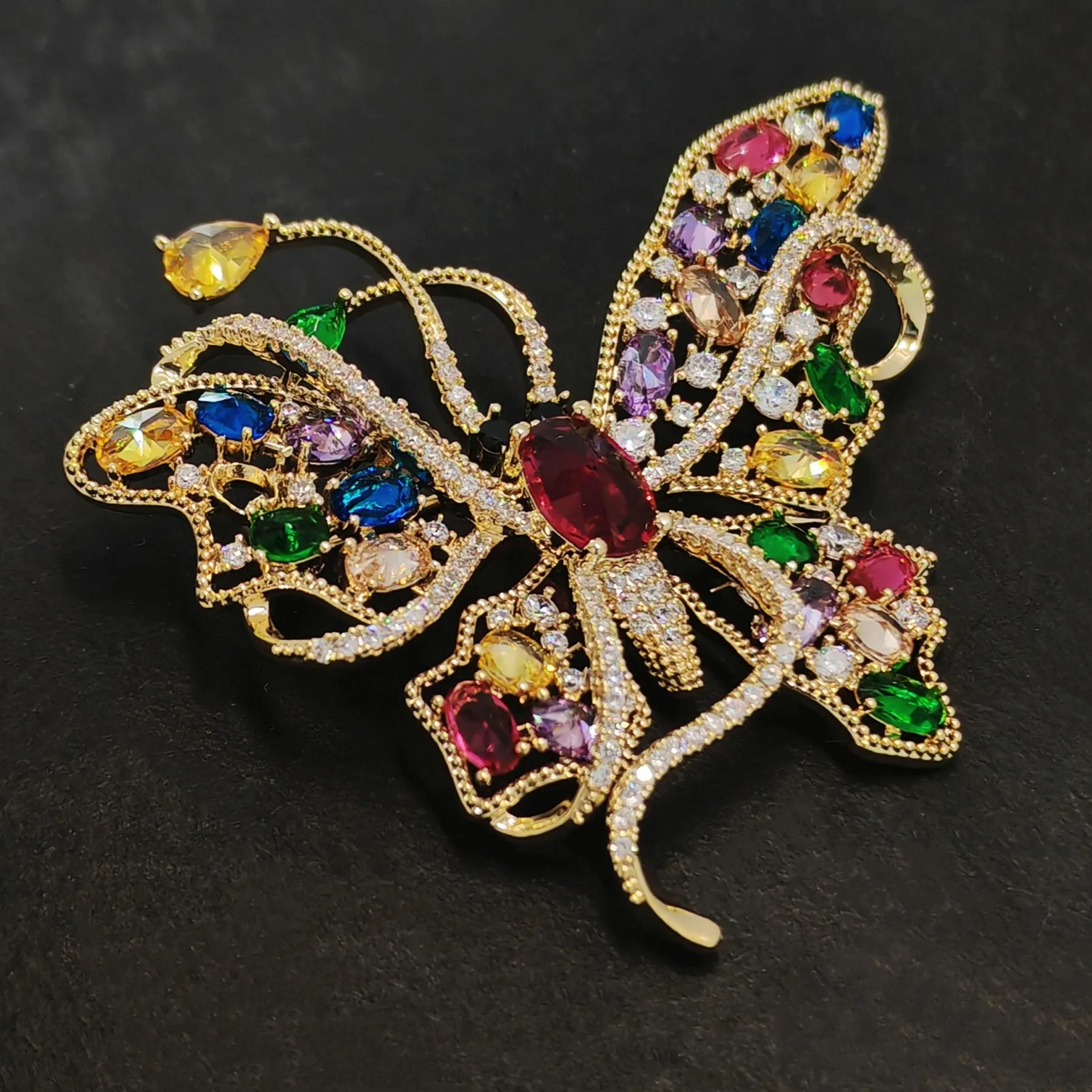 Jewelblings Gorgeous Gold Tone Multi Colored Stones Accent Curled Long-tailed Butterfly Brooch Pin Swallowtail Mother Grandmom GiftJewelry