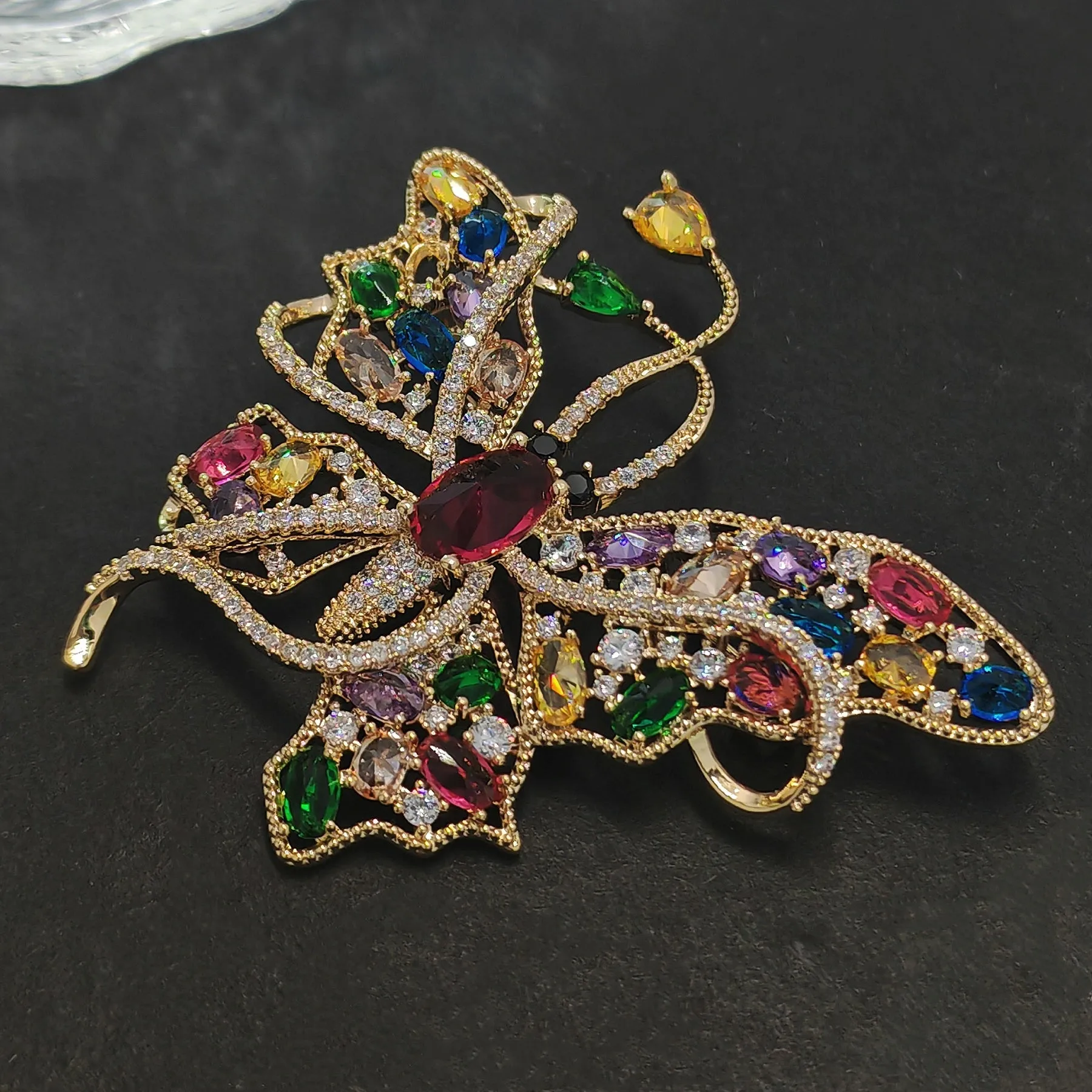 Jewelblings Gorgeous Gold Tone Multi Colored Stones Accent Curled Long-tailed Butterfly Brooch Pin Swallowtail Mother Grandmom GiftJewelry