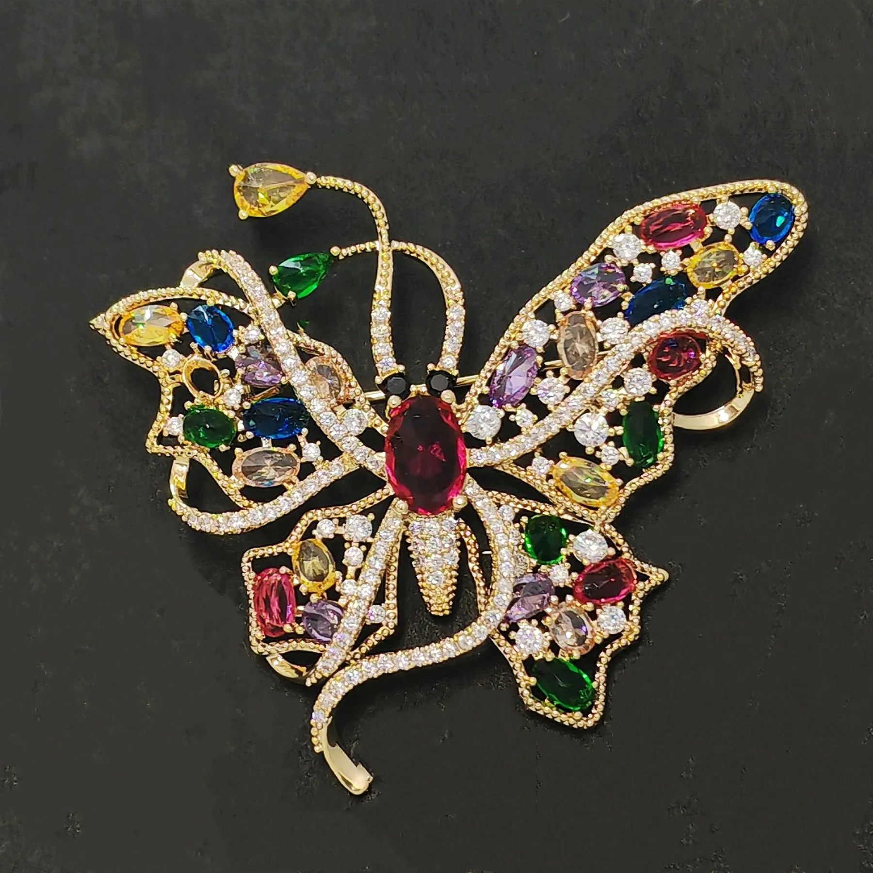 Jewelblings Gorgeous Gold Tone Multi Colored Stones Accent Curled Long-tailed Butterfly Brooch Pin Swallowtail Mother Grandmom GiftJewelry