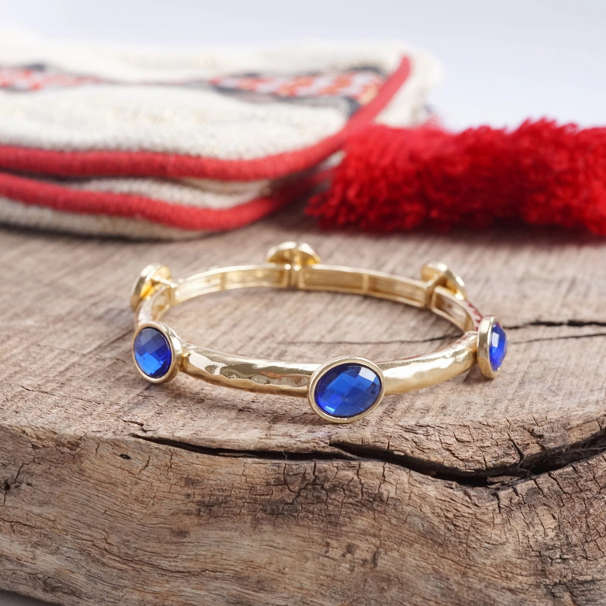 Unparalleled Beauty Unique Journey Jeweled Golden Bangle - with Faceted glass oval Christmas colorful jewels