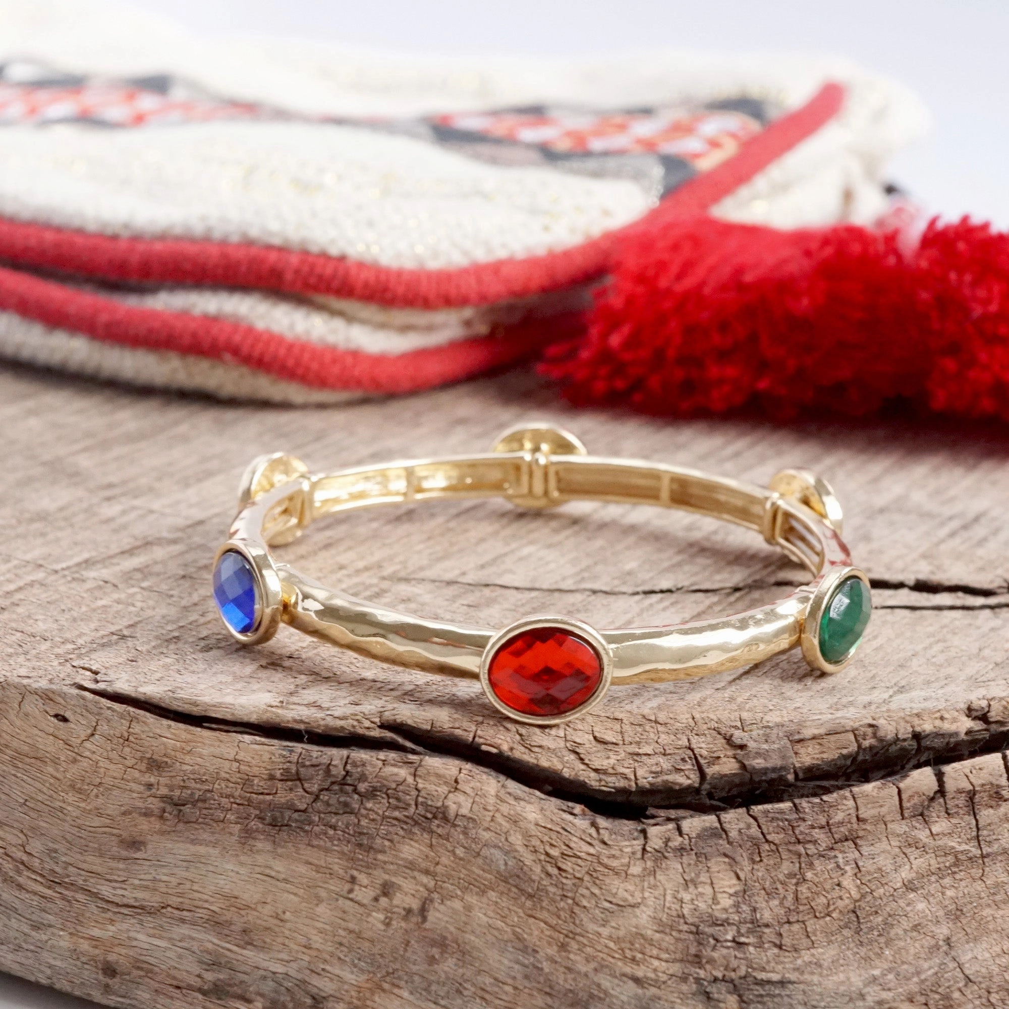 Final Vision Even Sight Jeweled Golden Bangle - with Faceted glass oval Christmas colorful jewels