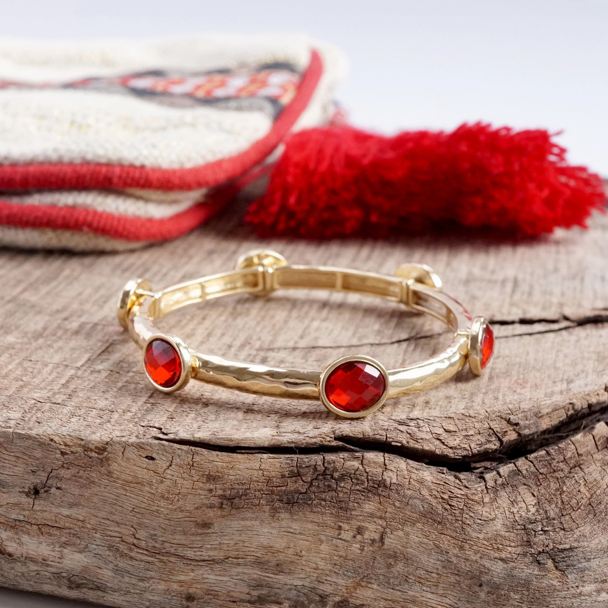 Paragon Pick Jeweled Golden Bangle - with Faceted glass oval Christmas colorful jewels