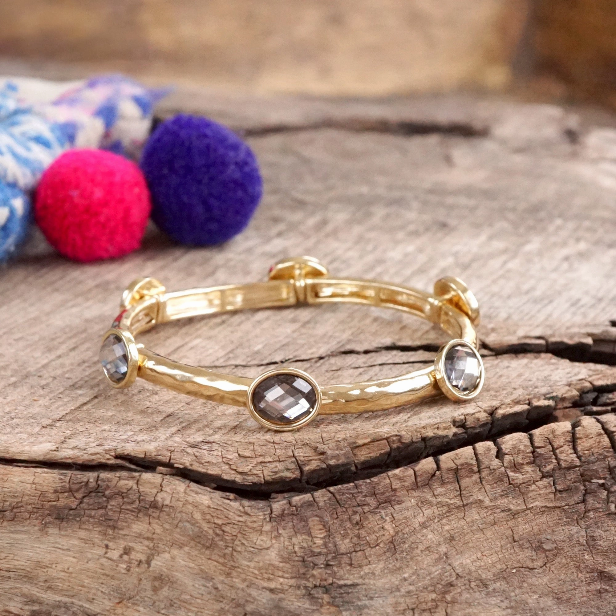 Real-Time Fashion Jeweled Golden Bangle - with Faceted glass oval colorful jewels
