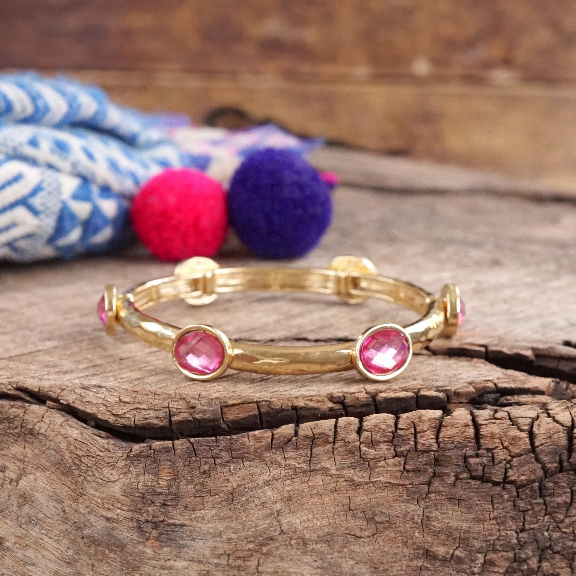 Jeweled Golden Bangle - with Faceted glass oval colorful jewels Positive Relationship