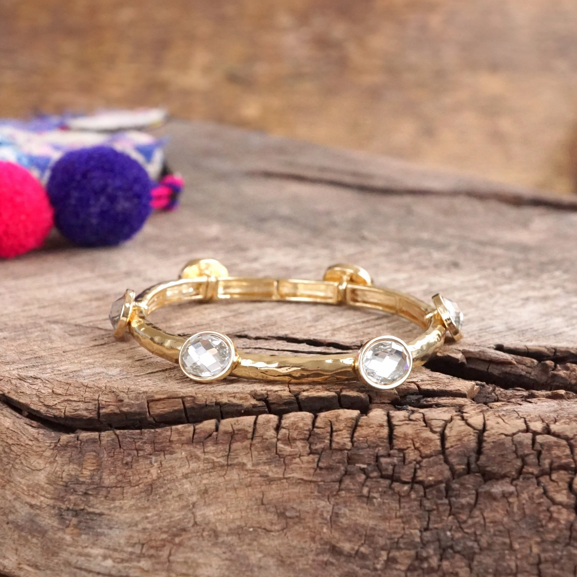 Jeweled Golden Bangle - with Faceted glass oval colorful jewels Fashion Forward Timelessly Focused