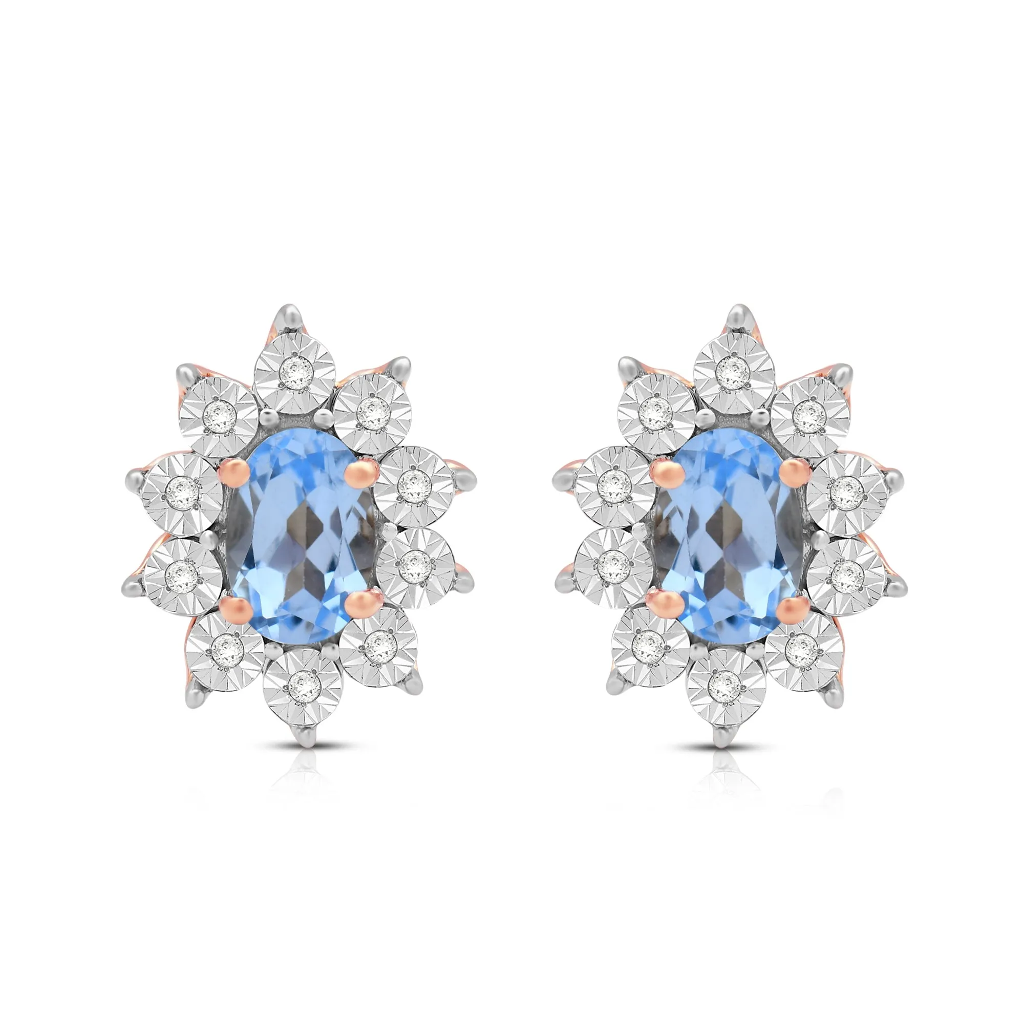 Jewelili 14K Rose Gold Over Sterling Sliver Oval Created Aqua spinal and 1/20 CTTW Natural White Round Diamond Cluster Stud Earrings