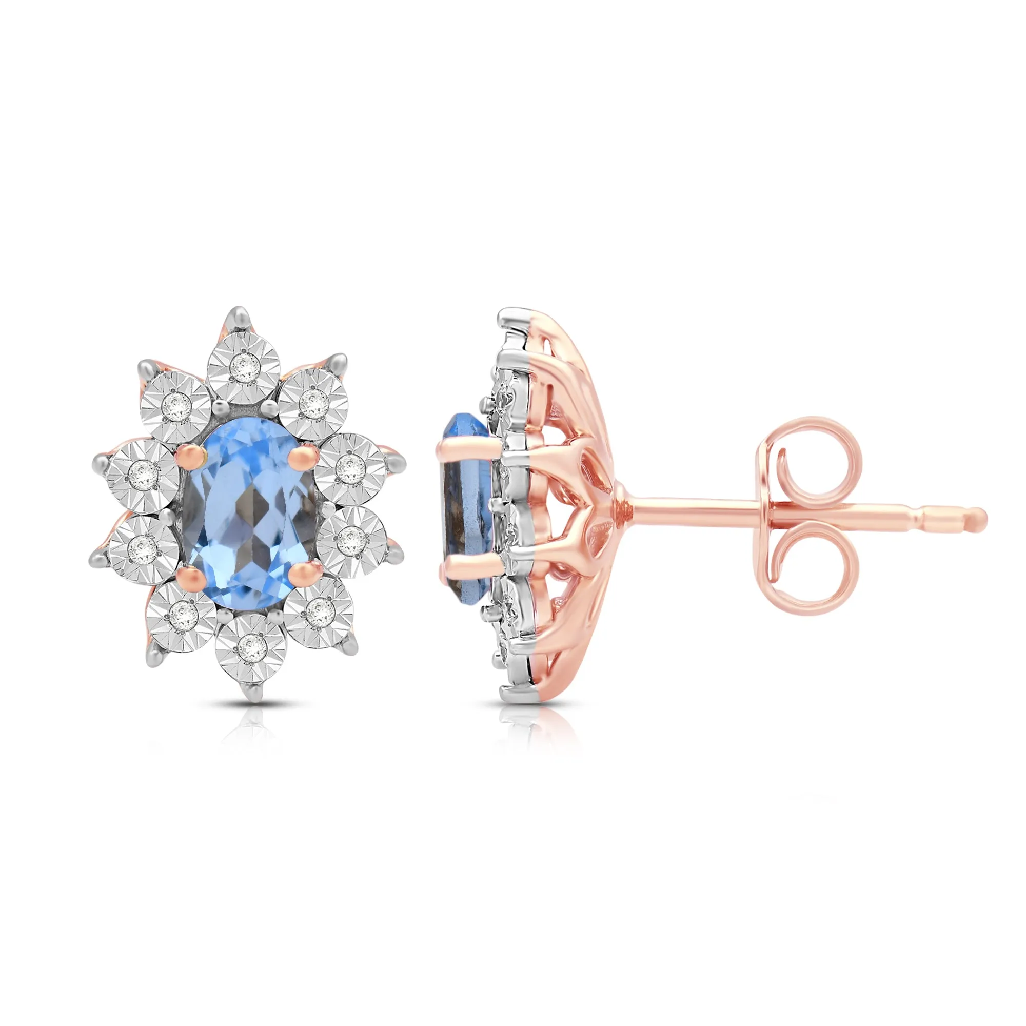 Jewelili 14K Rose Gold Over Sterling Sliver Oval Created Aqua spinal and 1/20 CTTW Natural White Round Diamond Cluster Stud Earrings