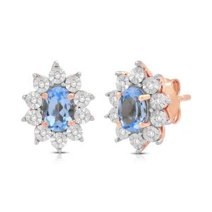 Jewelili 14K Rose Gold Over Sterling Sliver Oval Created Aqua spinal and 1/20 CTTW Natural White Round Diamond Cluster Stud Earrings